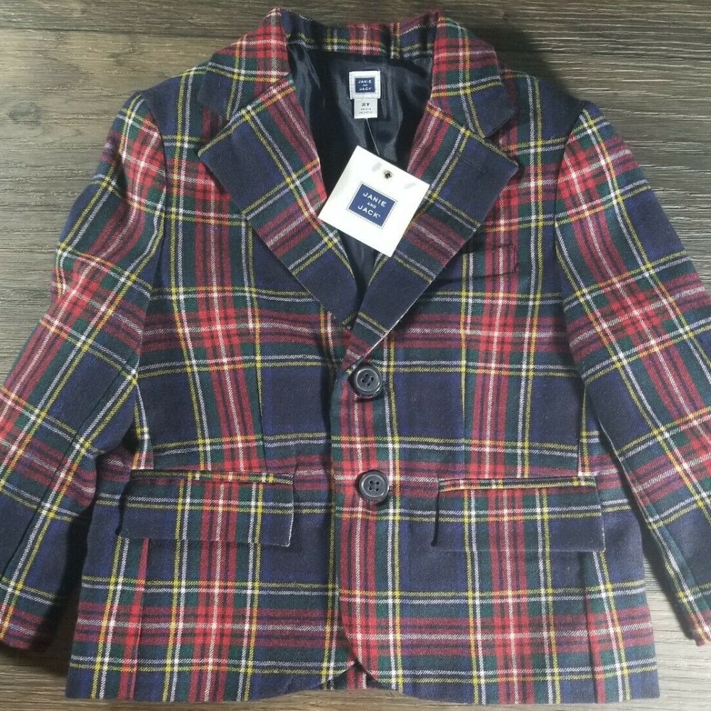 Janie And Jack Plaid Toddler Boys Sports Coat Size 2T Navy Blue Red Green New